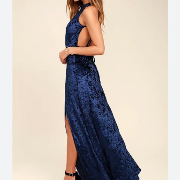 Lulu’s Blue Velvet Maxi Dress with Tie Waist - Picture 1 of 13